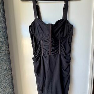 LEAU NWT Miami Mesh Mini Dress LG Black Sheer Ruched Boning Built-in Brief Liner